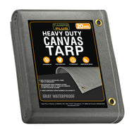 Gray 12' x 20' waterproof canvas tarp folded for practical outdoor worksite coverage