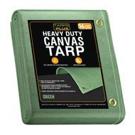 Green 5' x 7' canvas tarp folded for outdoor utility coverage and storage