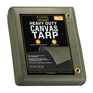 Olive Drab 14' x 20' canvas tarp folded for practical outdoor worksite coverage