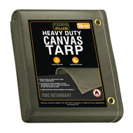 Olive Drab 10' x 16' fire retardant canvas tarp folded for practical outdoor worksite coverage